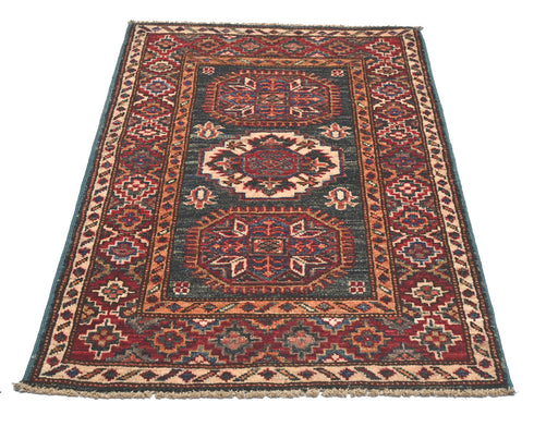 2x3 Green Kazak Afghan Hand Knotted Wool Area Rug